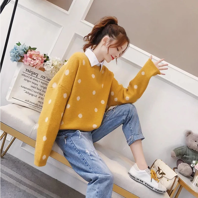 

Fashion Casual Loose Polka Dot Pullover Sweater Women 2019 Autumn Winter New Hot Female Long Sleeve Knit Sweaters Pullovers