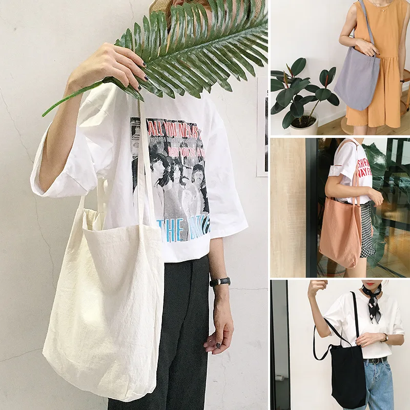 Women Cotton Linen Shoulder Bag Simple Washed Canvas Handbag Solid Tote Lady Eco Shopping Bag Female Shopper Cloth Fabric Purse