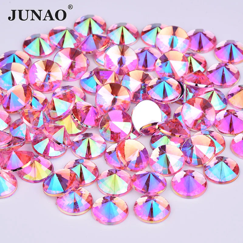 JUNAO 4 5 6 10 mm Pink AB Nail Art Rhinestone Applique Round Crystal Stone Flat Back Acrylic Gems Non Sewing Strass DIY Crafts