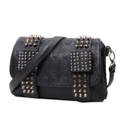 JIETOTYX Frauen Schwarz Leder Messenger Taschen Einzigen Schädel Niet Schulter Taschen Sac EIN Haupt Bolsa Schwarz Vintage Sexy Tasche Dame drop