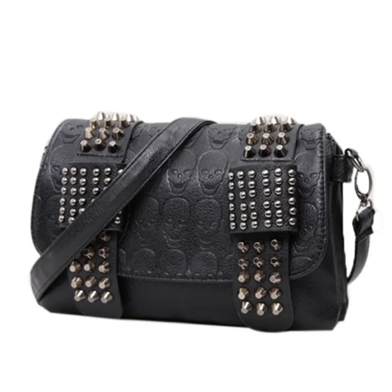 JIETOTYX kobiety czarne skórzane torby kurierskie pojedyncze czaszki torby na ramię z nitami Sac główna Bolsa czarna Vintage seksowna torba Lady Drop