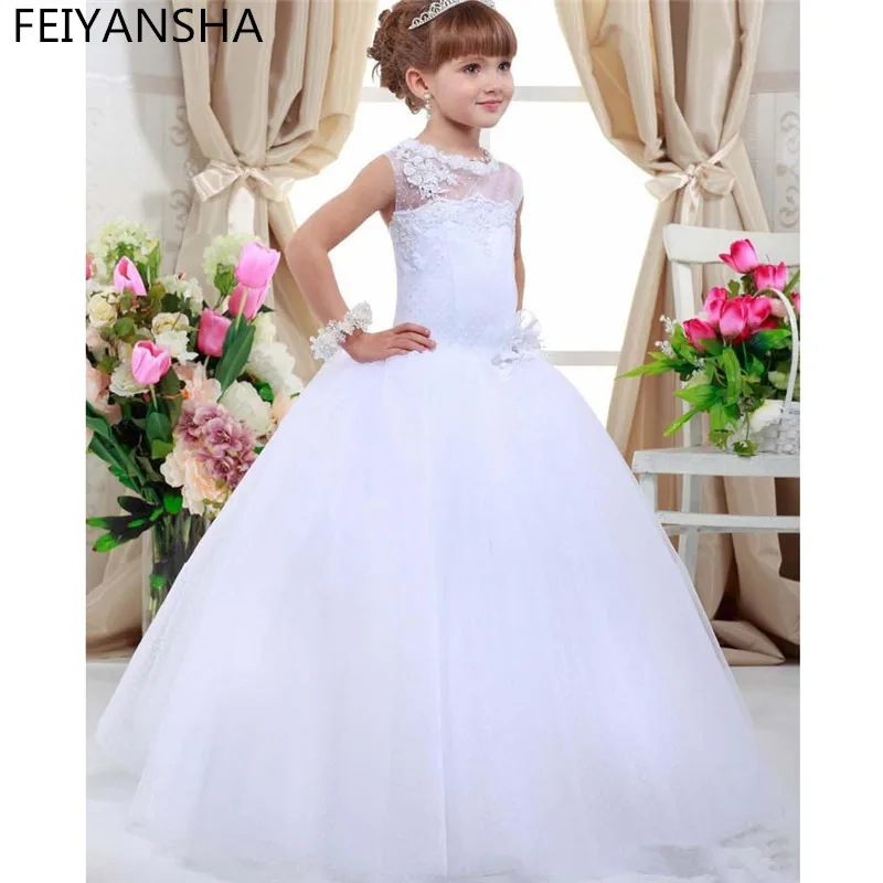 New First Communion Dresses for Girls Champagne Lace Up Sleeveless Ball Gown Appliques Flower Girl Dresses for Weddings Hot