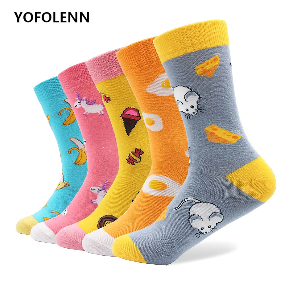 5 Pairs/lot Cute Cartoon Socks Combed Cotton Women's Banana Mouse  Socks Long Tube Happy Funny Colored Socks