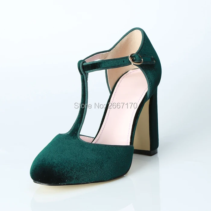 

Dropship Cheap New Fashion T-tied Buckle Strap Block High Heels Concise Prom Party Shoes Woman Talon Femme Green Velvet Pumps