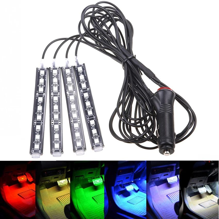 

Super bright 4 in 1 12V 4*9 LEDs 5050 chip Car Cigarette Lighter Type Car Interior LED Atmosphere Lights Decoration Lamp Charge