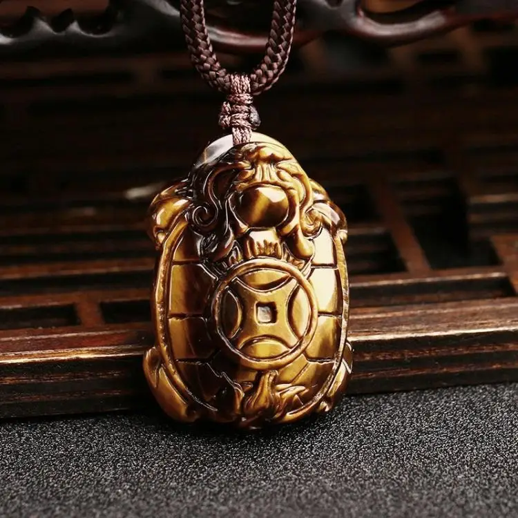 Natural Yellow Tiger eye Pendant Carved Chinese Dragon Turtle Necklace Lucky Amulet Bring Wealth Men Stone Jewelry With Rope