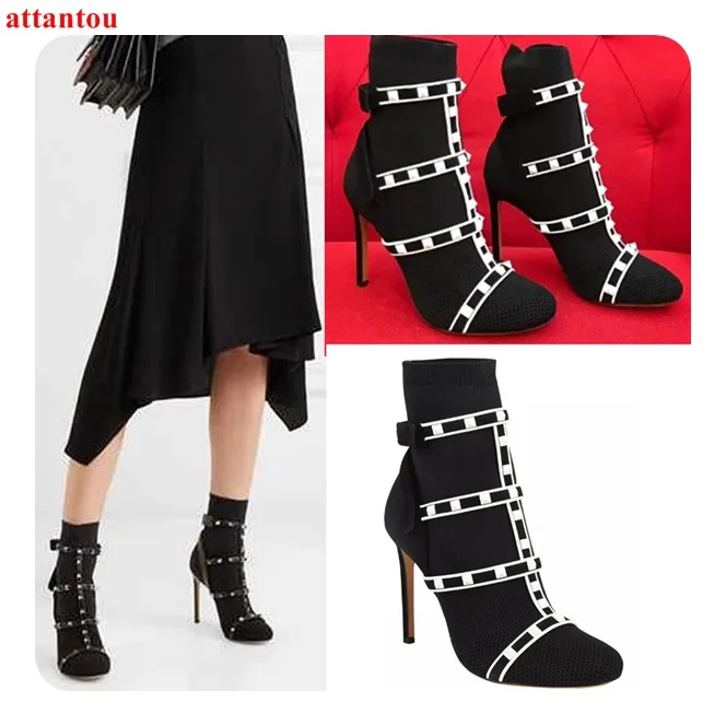 Elastic Woman's Ankle Boots Autumn Knitting Woolen Black Short Boot Cool Rivet Thin Heel Female shoes Patchwork Party Show Dress