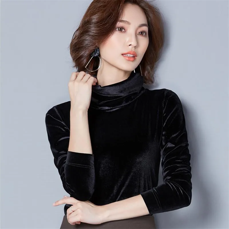 Autumn Winter Velvet T-Shirts Woman 2024 Casual Turtleneck Tops Solid Color Slimming Blouse Female Velour Shirts blusas mujer