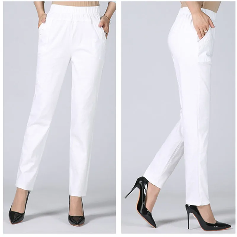 White Women\'s Trousers 5XL Spring Summer Autumn Female Stretch Waist Cotton Straight pants Middle aged lady Solid Casual Pants