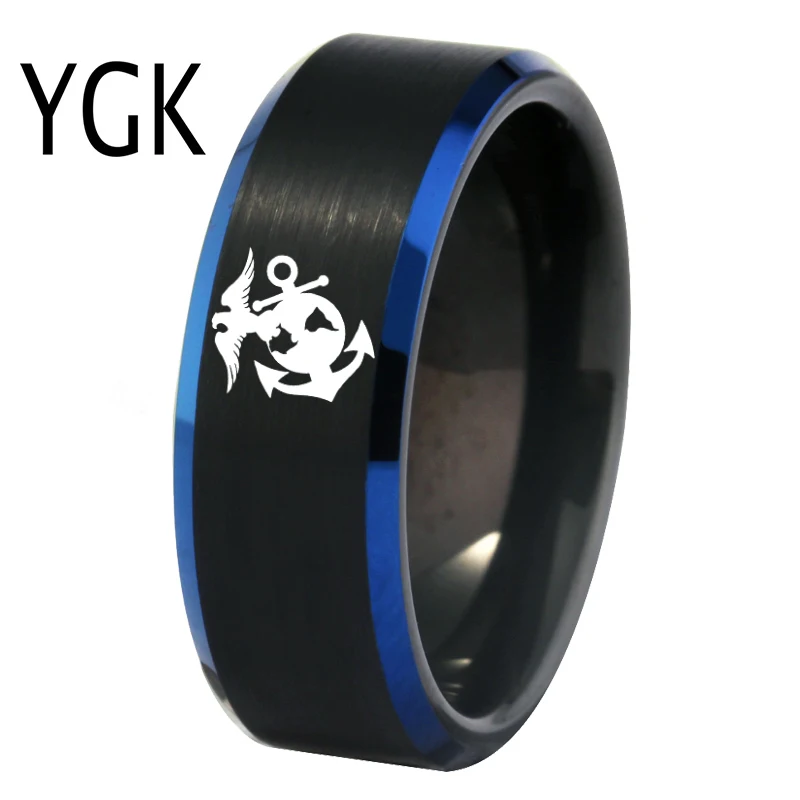 YGK Jewelry US Military Marine Ring Matte Black Blue Bevel Tungsten Ring Classic Men's Wedding Engagement Anniversary Gift Ring