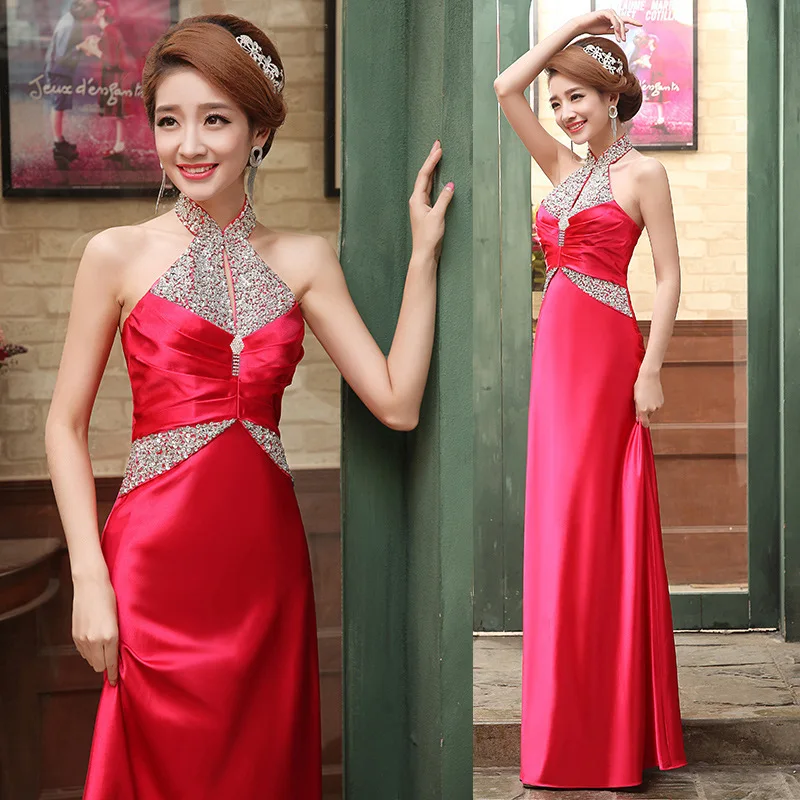 

Free Shipping 2016New Fashion Custom Made Elegant Floor- length Evening Dress A-Line Halter Women Long Formal Dress Cheao