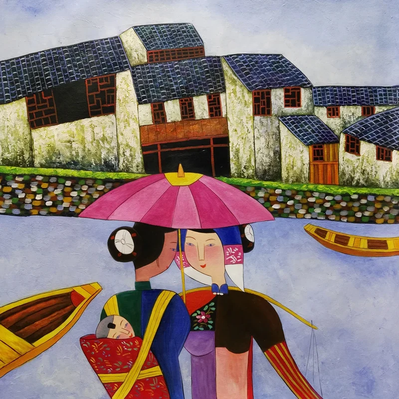 

Wall Painting Canvas Chinese Contemporary Art Hu YongKai Rural Women Picture Modern Home Decor Hand painted Oil Painting