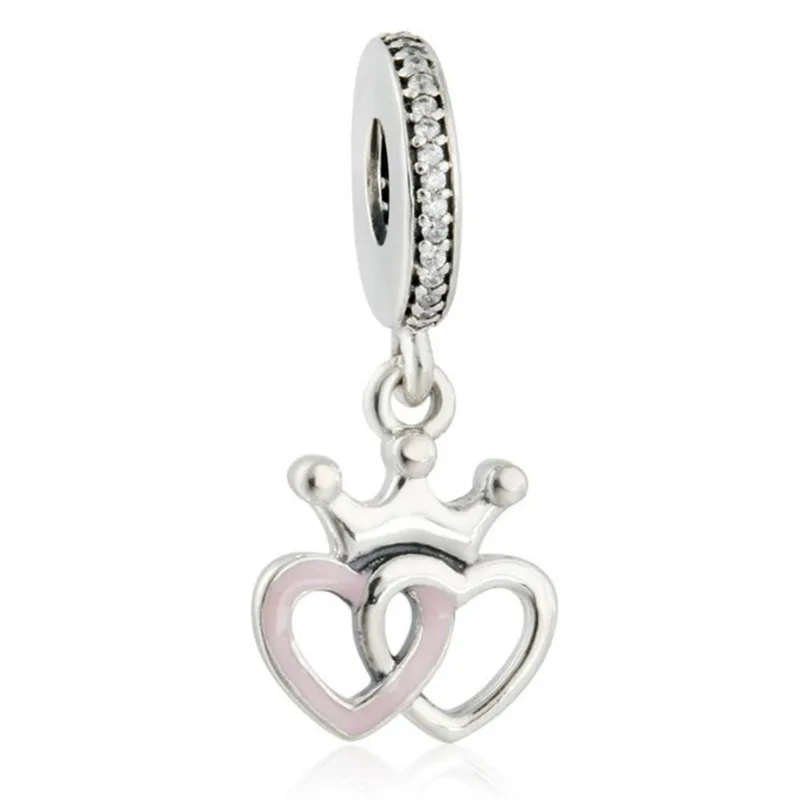 Crowned Hearts Pendant Charm Fit Pandora Bracelets DIY Authentic 925 Sterling Silver Interlocked Heart Beads Fits Brand bracelet