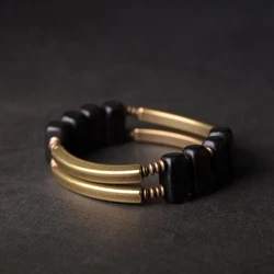 Two Row Ebony Copper Alloy Beads Bracelet Rock Metal Trendy Unique Geometric Beaded Jewelry Male Female Protective Punk Bangle