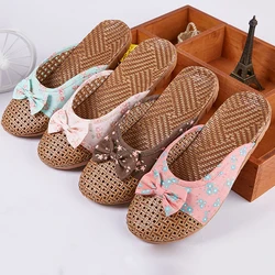 Mntrerm Natural Bamboo Rattan Home Slippers Summer New Linen Cane Grass Weave Women Flat Slippers Cute Bow-knot Flower Home Shoe