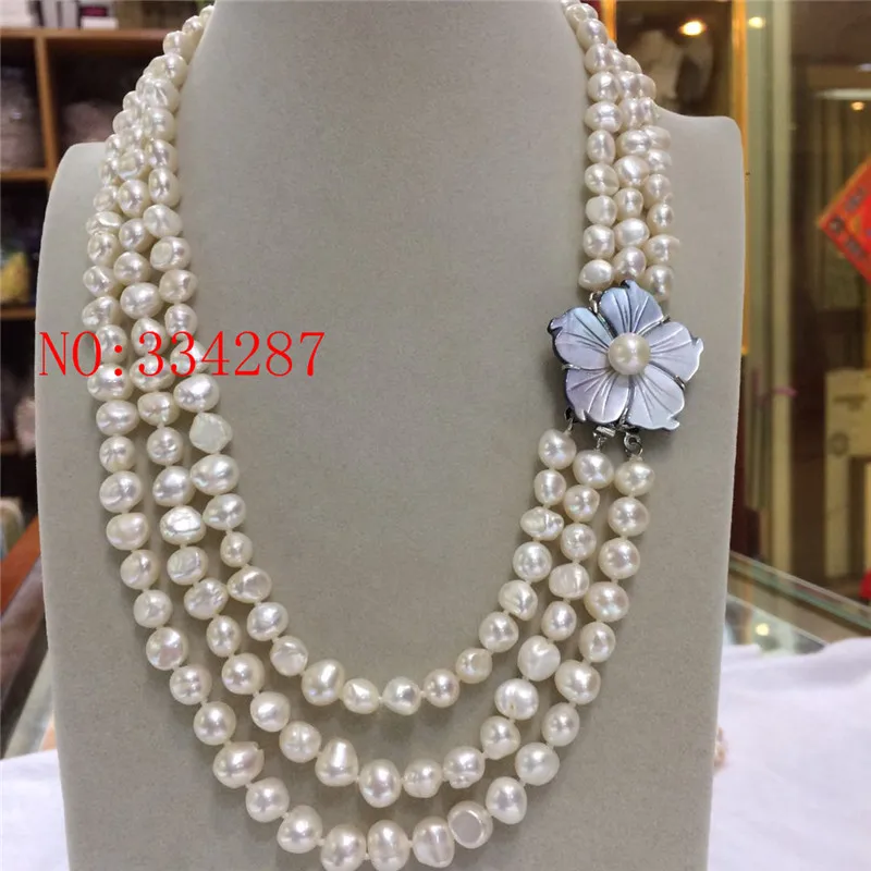 

natural 3rows 8-9MM white irregular freshwater pearl necklace 17-19.5inch