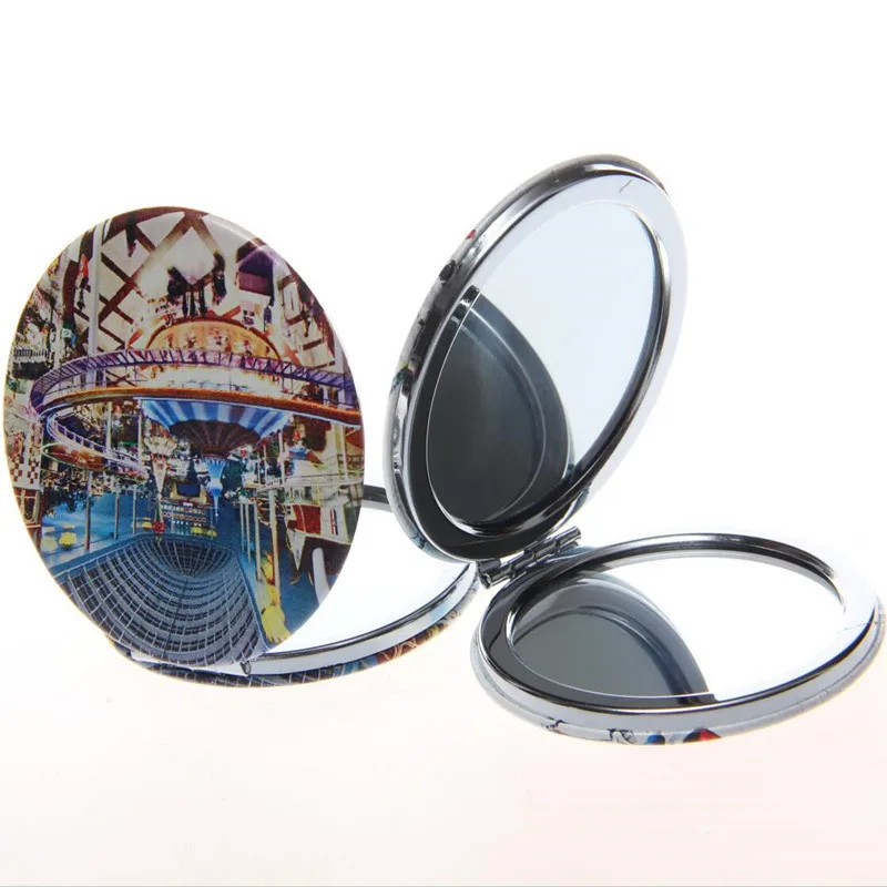 6pcs UNBREAKABLE Cosmetic mirrors PU+ stainless steel Portable pocket mirror round shape foldable makeup mirror landscape