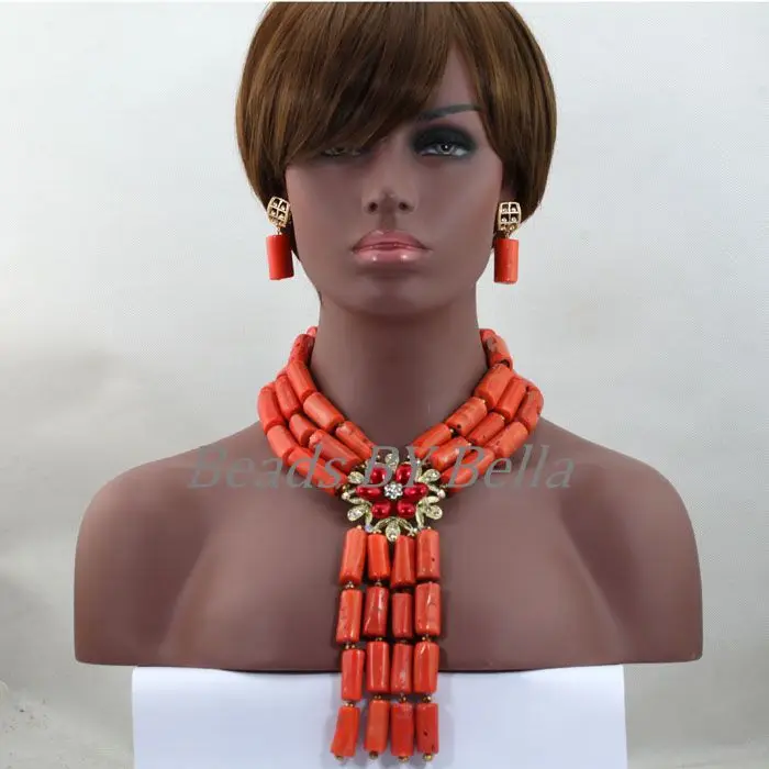 Chunky Women Statement Necklace Set Dubai Real Coral African Jewelry Sets Wedding Coral Beads Jewelry Set Free Shipping ABL169