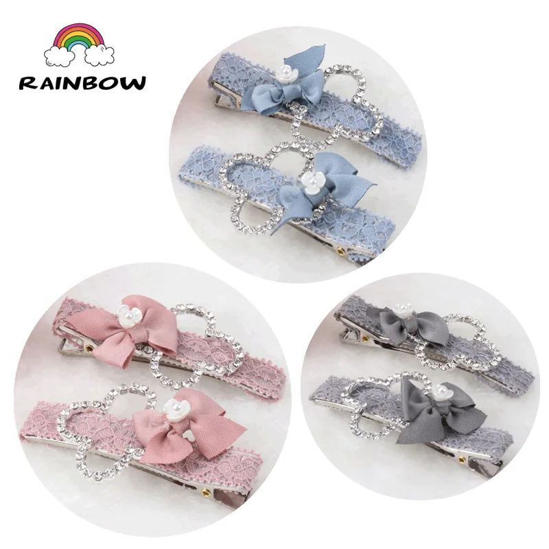 2pcs/set Fashion Cartoon Crystal Flower Bowknot Hairpins Children Girls Hair Clips Handmade Barrettes Accessory Headwear