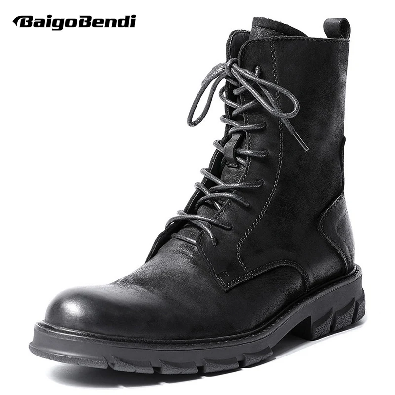 Men\'s Retro Thick Heel Genuine Leather Mid Calf Ridding Boots Work Safety Winter Hight Quality Warm Shoes Man
