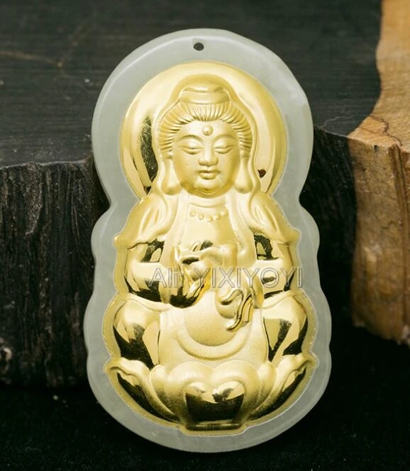 

Natural White Hetian Jade + 18K Solid Gold Inlaid GuanYin Amulet Lucky Pendant + Free Necklace Fine Jewelry + Certificate