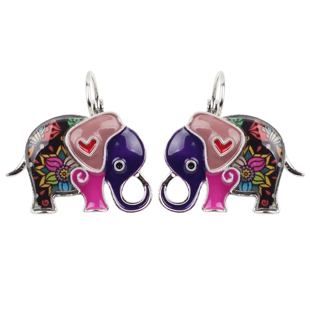 Bonsny Enamel Colorful Jungle Elephant Earrings Stud Drop French Clip Dangle Alloy Fashion Animal Jewelry For Girls Women Ladies