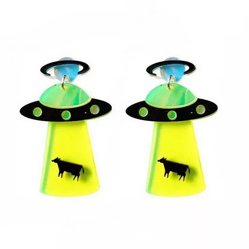 2022 New Personality Acrylic Geometric UFO Spaceship Flying Saucer Alien Dangle Drop Earrings for Girl Women Fashion Jewelry