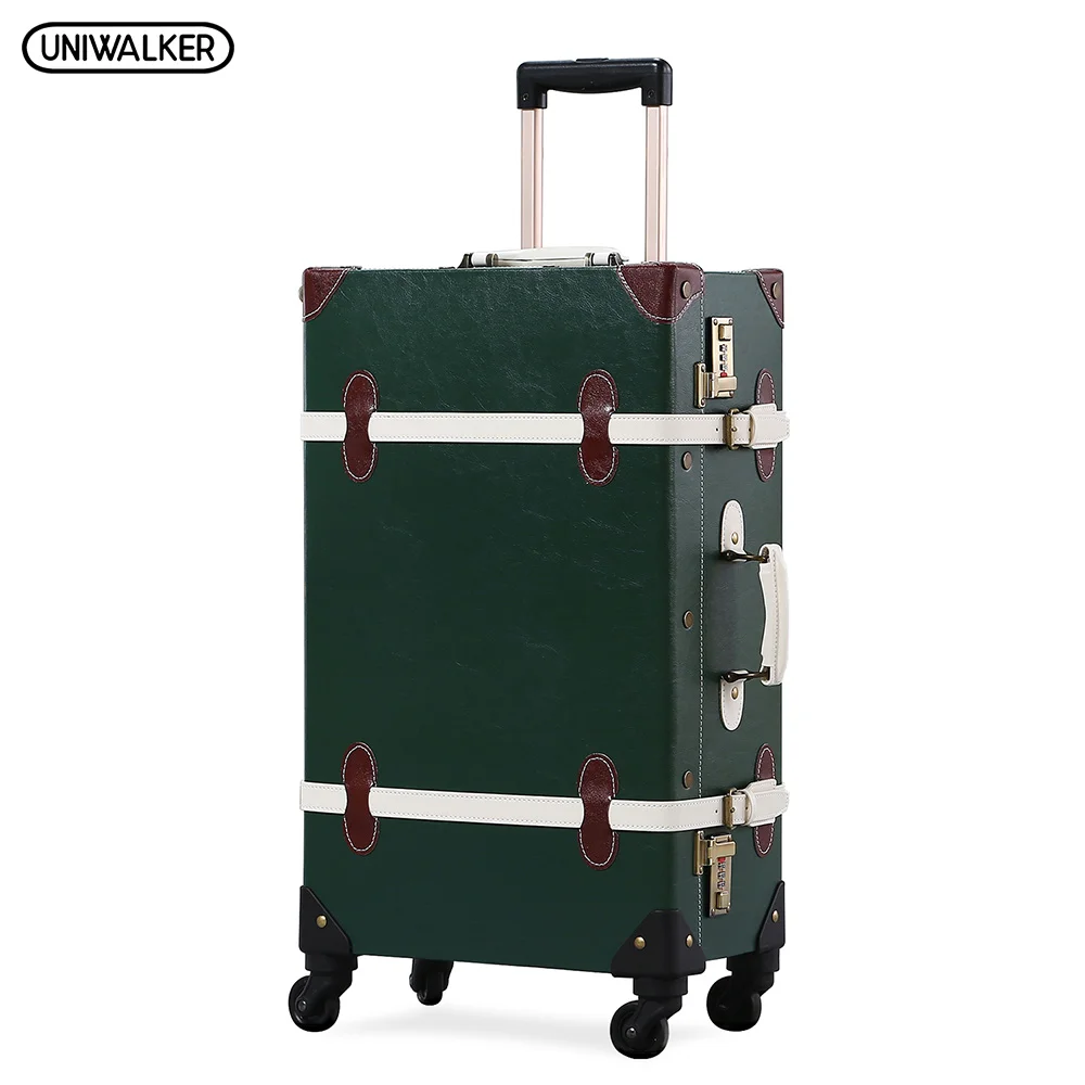 

UNIWALKER PU Leather Dark Green Retro Rolling Luggage 20''22''24''26'' Set Travel Trolley Suitcase Carry On with Spinner Wheels