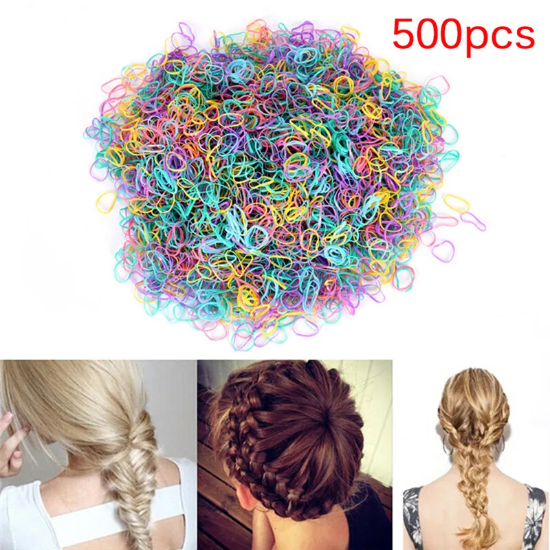 

500pcs Ties Braids Plaits Rubber Hairband Rope Ponytail Holder Elastic Candy Color