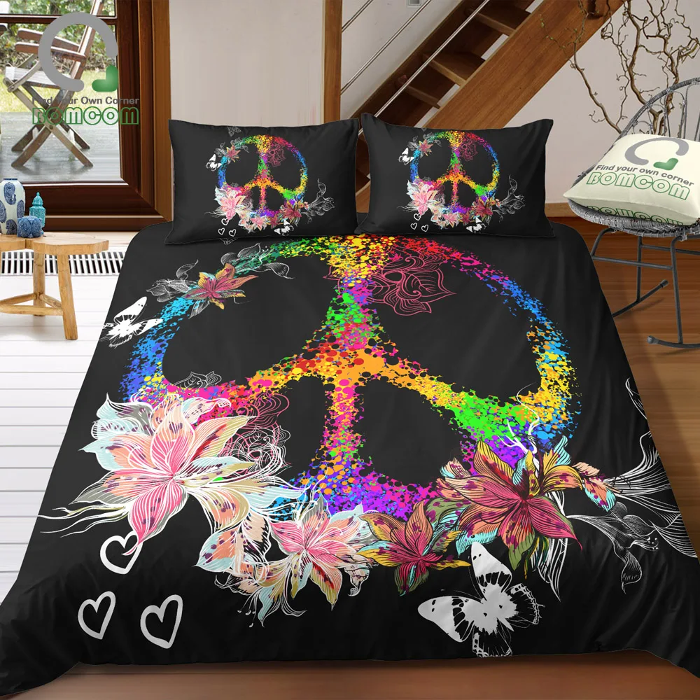 BOMCOM 3D Digital Printing Hippie Peace Symbol Peace Love Butterfly Flower Lilly Duvet Cover Sets 100% Microfiber Black