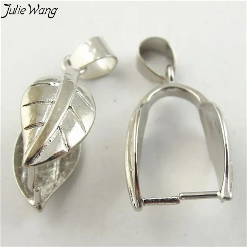 Julie Wang 8PCS Shiny Silver Color Leaf Shape Clasp Pinch Prong Bail Low Price Jewelry Making Finding Accessories 28*12*9mm