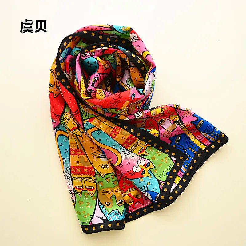 Bufanda larga con estampado de gatos de colores para mujer, pañuelo de seda natural suave y fino con protección solar, foulard para regalo