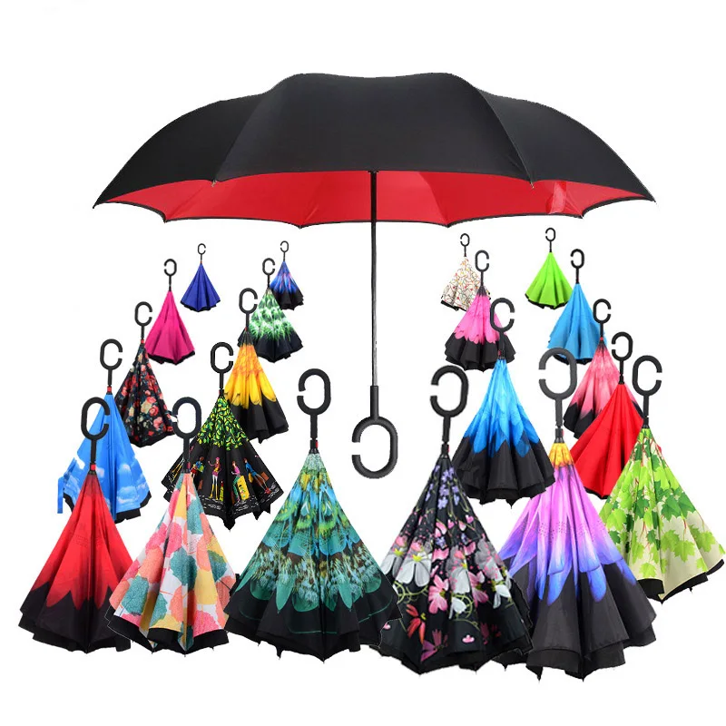 2023 Folding Long Shank Double Layer Inverted Umbrella Windproof Reverse C-Hook male golf umbrella reverse Umbrellas For Car