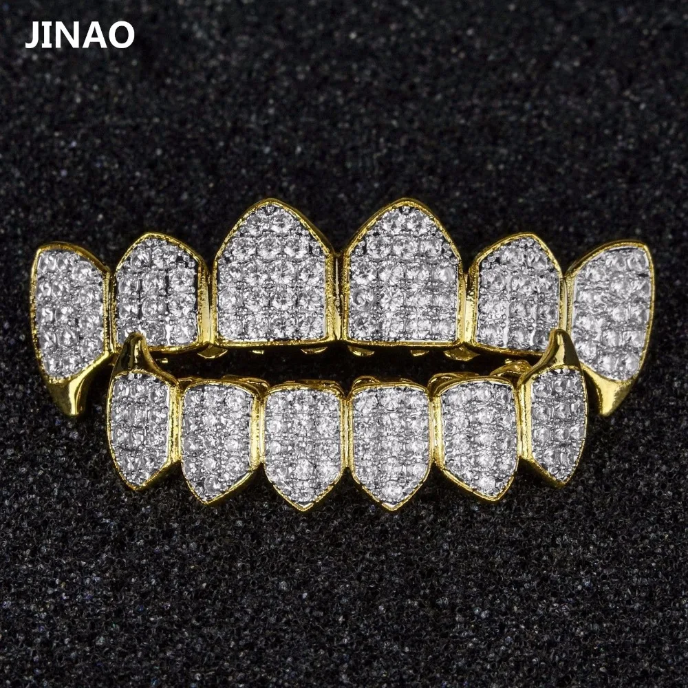 JINAO Pure GOLD Color & SILVER-Plated HiP Hop Grillz Micro Pave CZ Gold Fang Top & Bottom GRILLZ Mouth Teeth Grills Vampire Set