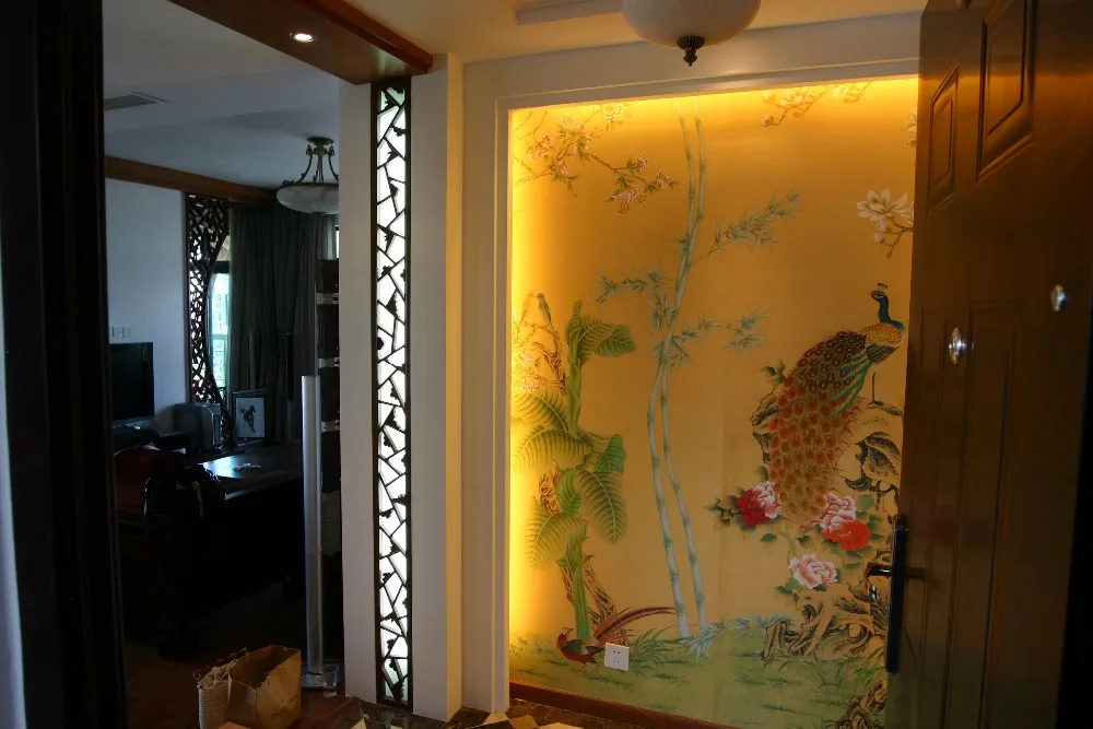 

Customized Hand painted silk wallpaper painting Magnolia flower with peacock birds hand-painted wall paper many arts optional