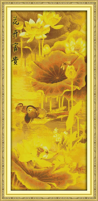 

Golden lotus cross stitch kit flower 18ct 14ct 11ct count printed canvas stitching embroidery DIY handmade needlework