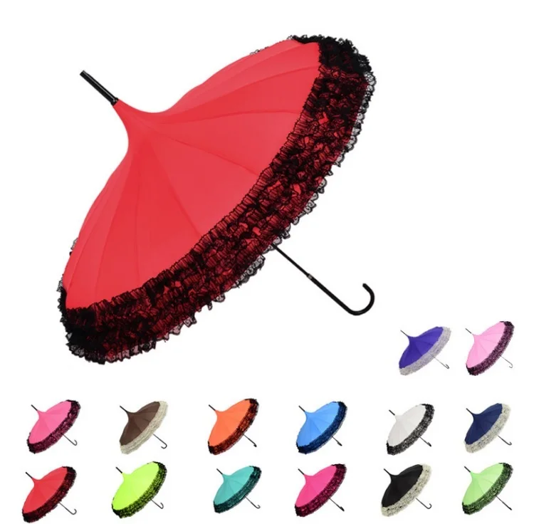 10pcs 14 Colors Pagoda Umbrella Long-handle Lace Golf Fancy Sunny and Rainy Umbrellas Lady Parasols