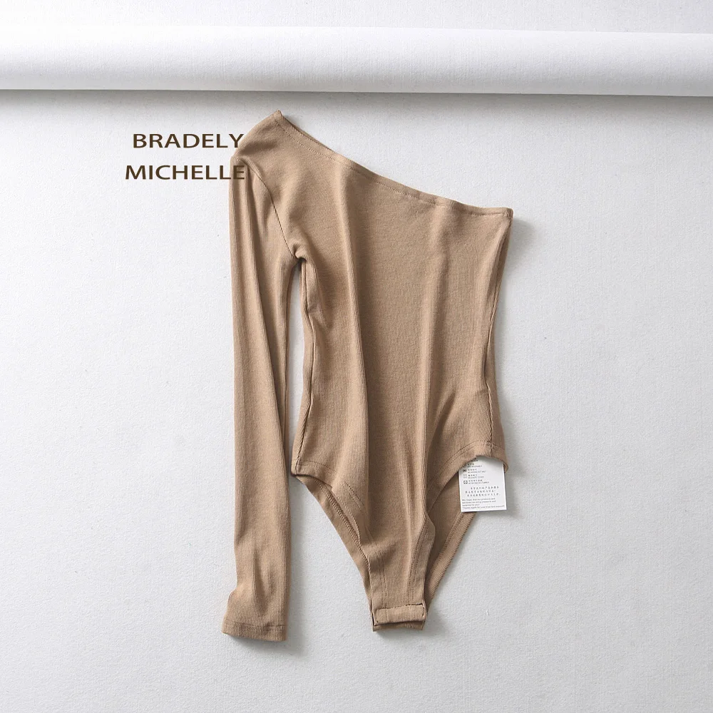 BRADELY MICHELLE New Fashion Women Sexy Strapless Single Sleeve Bodysuit Autumn Ladies Under Tops Cotton Jumpsuit Rompers