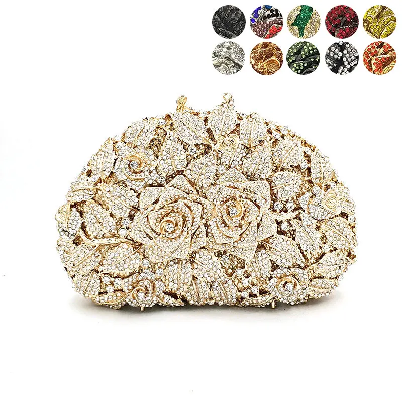 

Bridal wedding party purse women evening party bag diamonds luxury wallet crystal clutches elegant rose flower crystal purse