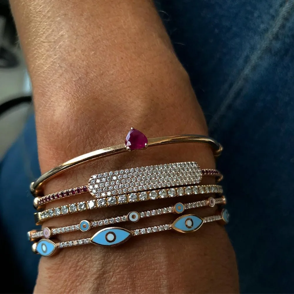 enamel blue pink enamel evil eye charm bangle cz band rose gold color Turkish lucky Boho Fashion bracelets