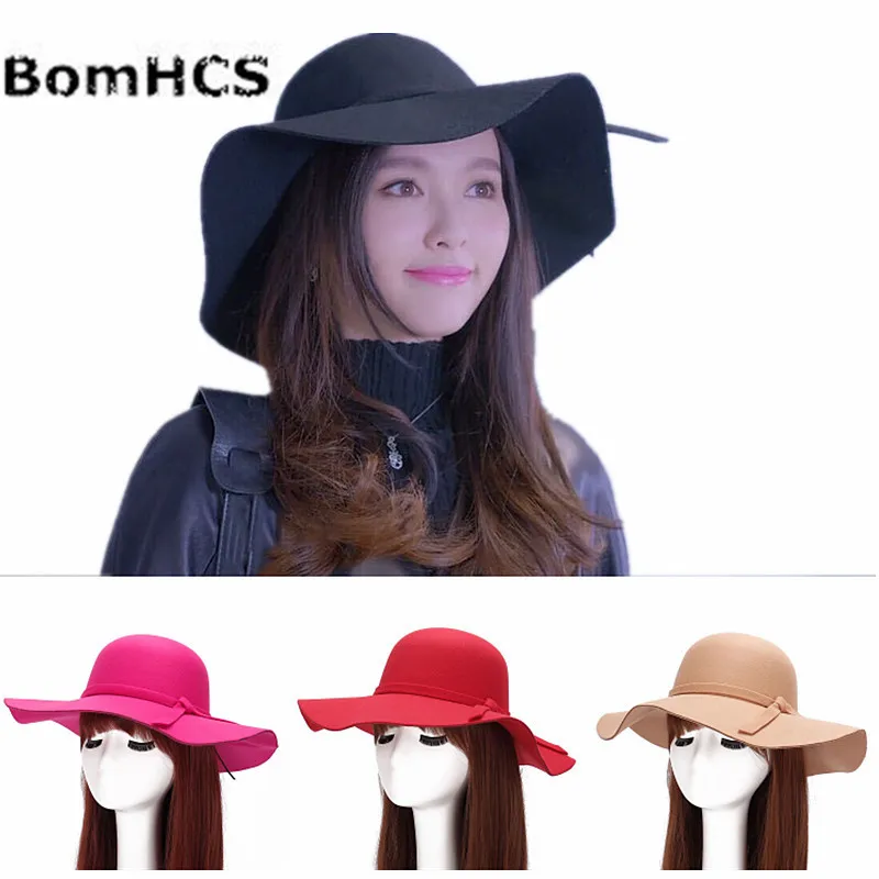 BomHCS Fashion Women Winter Cap Fedoras Wool-like Large Border Formal Hat 169221