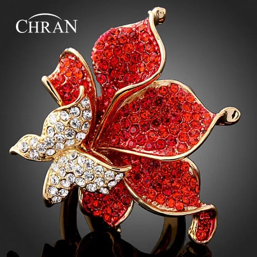 CHRAN Fashion Gold Color Costume Jewelry Exquisite Flower Rings for Women Hot Selling Red Crystal Party Jewelry Ladies Gifts