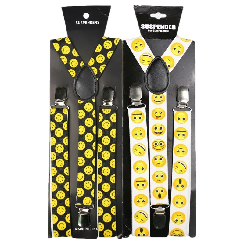 Winfox Fashion Yellow Smile Face Suspenders For Women Men Black White 2.5cm Wide Elastic Suspenders Braces suspensorio