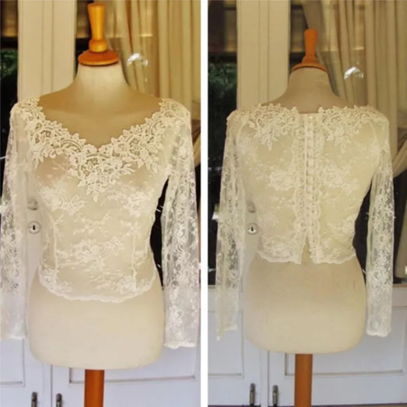 Neue Sexy Custom Hochzeit Jacke Boleros Shrug Mit V-ausschnitt Appliques Spitze Weiß Elfenbein Lange Hülse Braut Zubehör Jacken