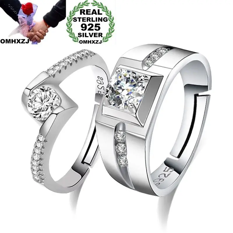 

OMHXZJ Wholesale European Fashion Woman Man Party Wedding Gift Simple White Lovers AAA Zircon 925 Sterling Silver Ring Set RR240