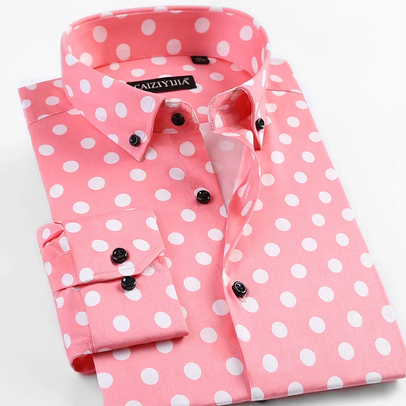 Camisa de manga larga con estampado de lunares para hombre, camisas de vestir masculinas a la moda, ropa informal Formal de algodón, puntos blancos y negros para jóvenes