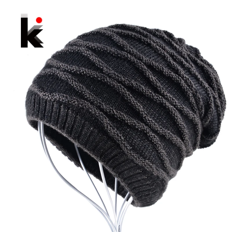 

Winter beanie men hat water ripples stocking cap mens skullies knitted hats plus velvet thicker bonnet beanies for men gorro