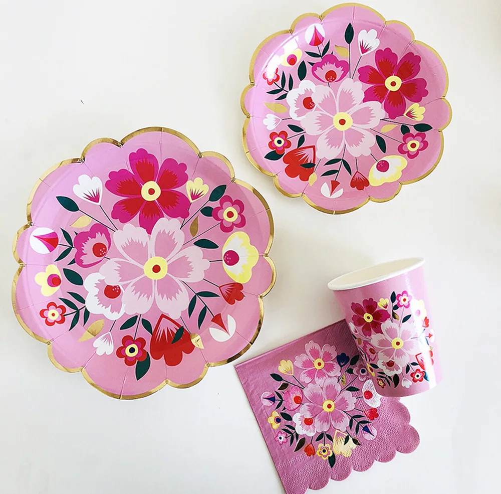 Disposable Tableware Sets Flower Paper Plates Cups Napkins Straw Party Supplies Kids Girl Baby Shower Wedding Birthday Decor