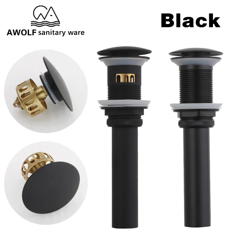 Matte Black Pop Up Drain For Bathroom Sink Basin Vessel With Overflow Hole Hair Stopper Brass Drainer Sink Accessories AH6145