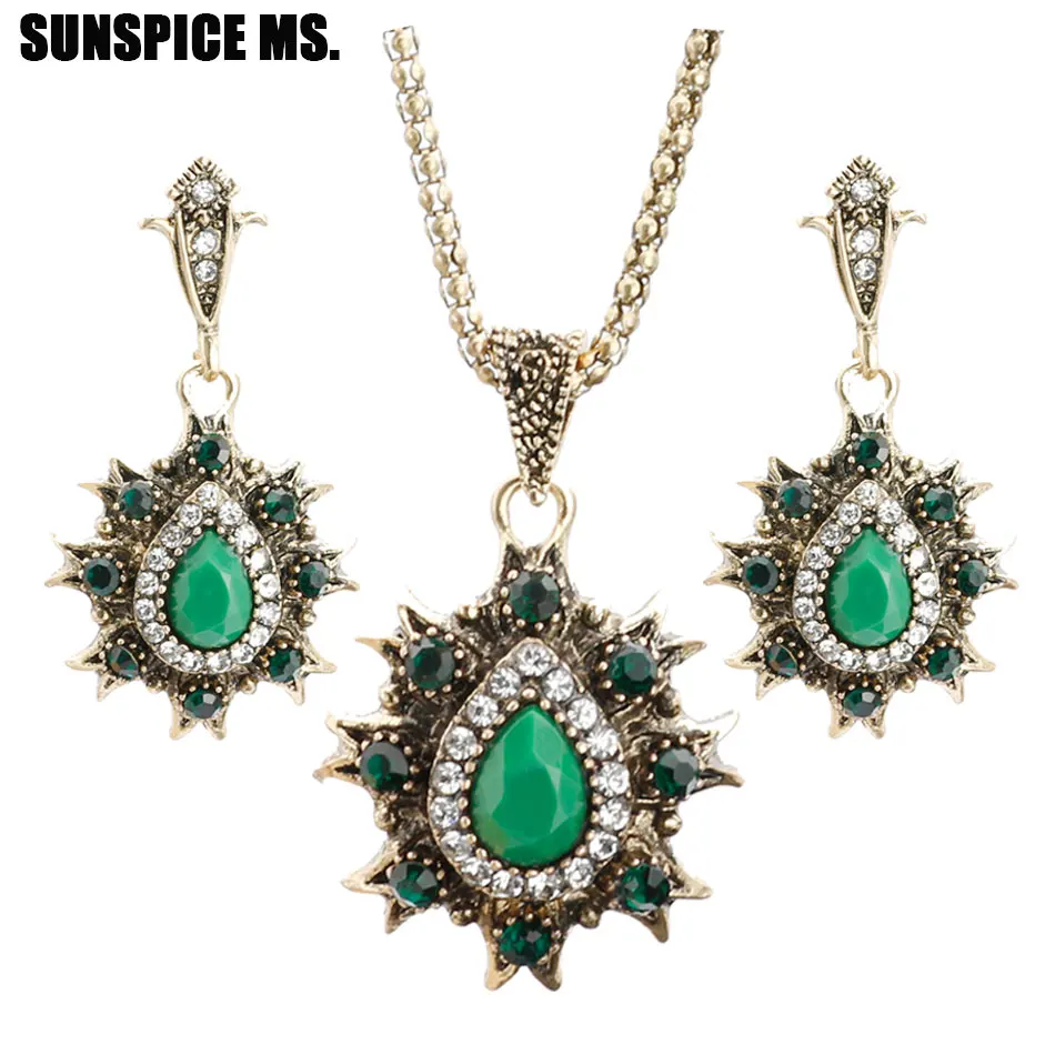 2018 India Vintage Look Jewelry Sets Pendants Necklace Drop Earring For Women Bronze Color Mosaic Red Resin Turkish Party Gifts